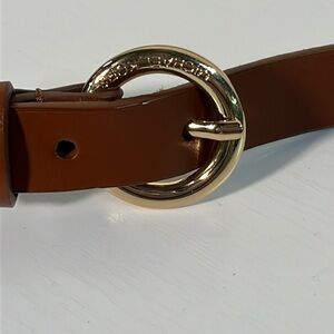 MICHAEL KORS Caramel Leather Gold Round Buckle and Gold Ring Station Belt SZ L